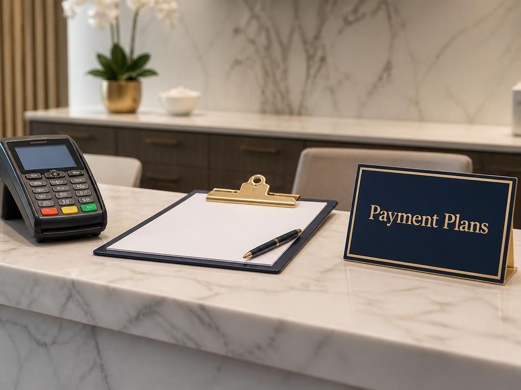 Patient reviewing a written dental treatment estimate and payment options at the front desk