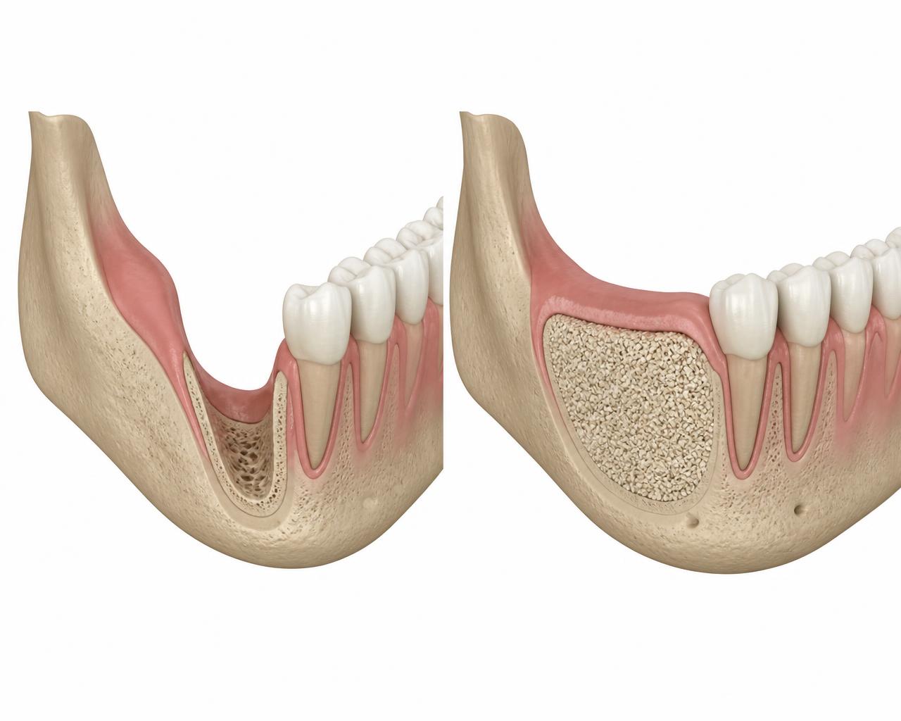 Cross-section illustration comparing a collapsed, resorbed jawbone ridge at a missing tooth site with the same site rebuilt using bone graft material
