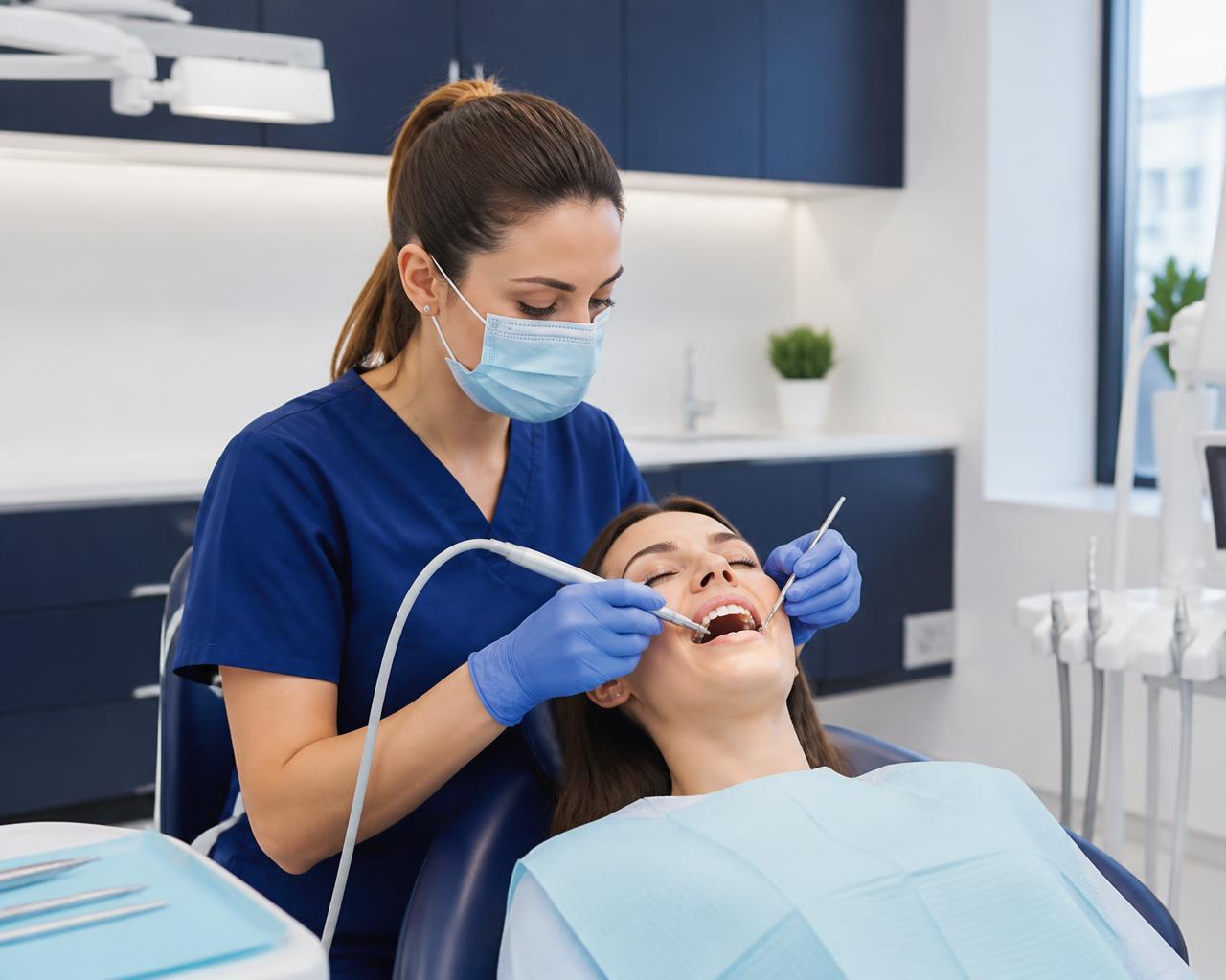 Dental hygienist using an ultrasonic scaler to remove plaque and tartar during a routine teeth cleaning in a Washington, DC dental office
