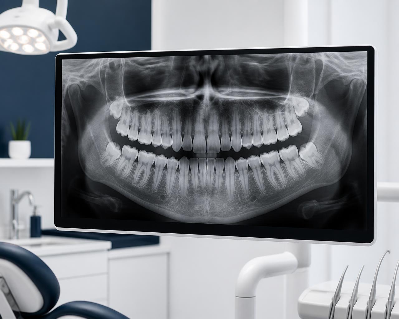 Panoramic dental X-ray displayed on a chairside monitor in a Washington, DC dental operatory, showing the full upper and lower arches with tooth roots and jawbone visible