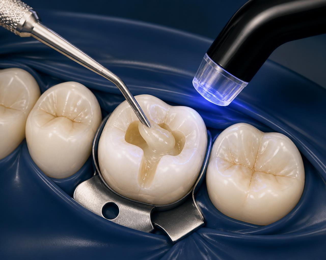 Tooth-colored composite filling being placed into a prepared cavity on a molar with a dental instrument and curing light, shown in clinical close-up