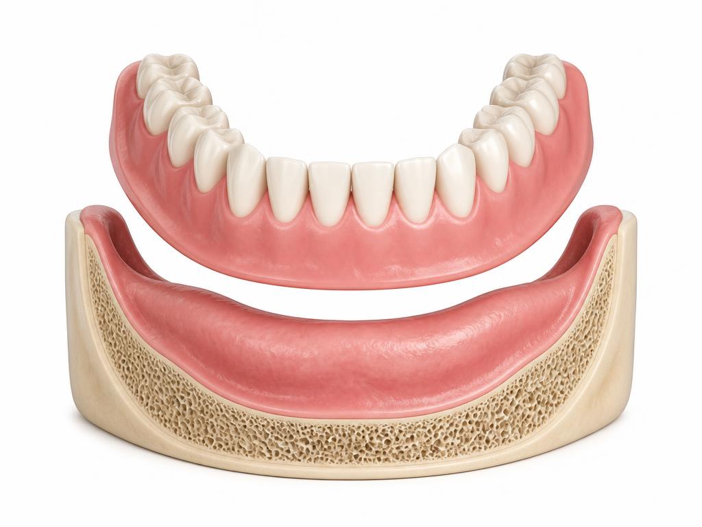 Cross-section illustration of a removable full lower denture resting above the gum ridge of a jaw with no implants beneath it