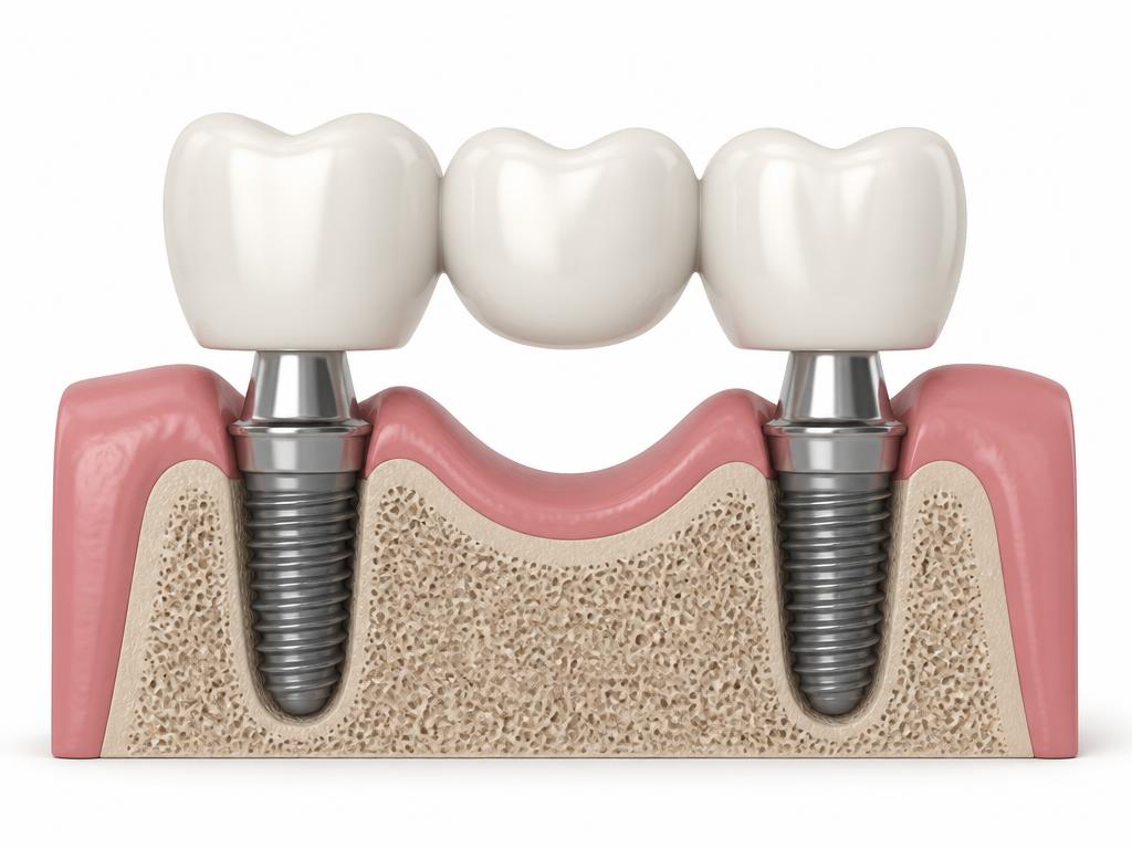 Illustration of a three-unit implant-supported bridge anchored by two dental implants spanning a gap in the lower jaw
