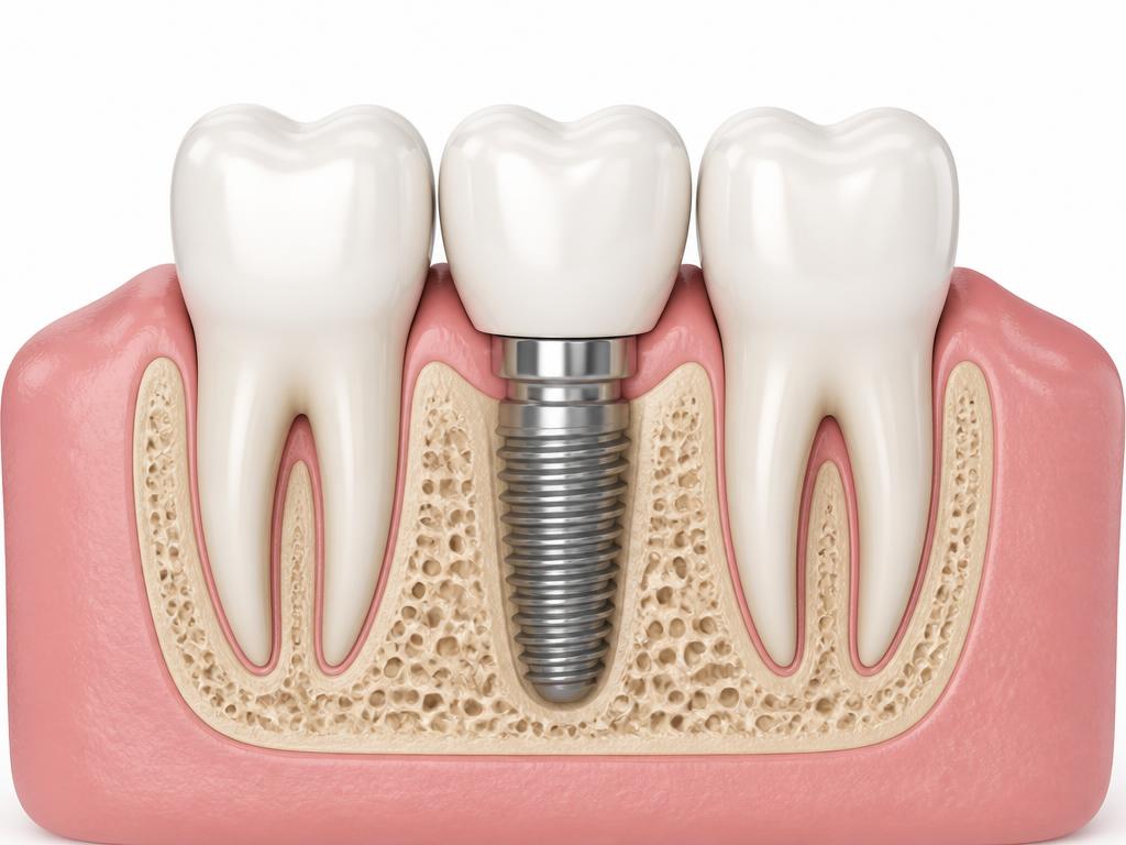Cross-section illustration of a single dental implant post integrated in the jawbone with a crown, between two untouched natural teeth