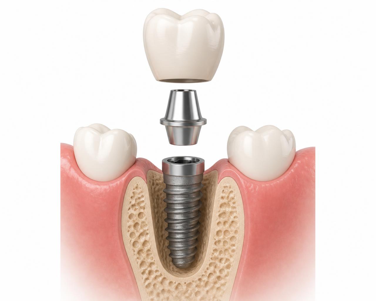 Cross-section illustration of a dental implant separated into its three failure points: the ceramic crown, the metal abutment connector, and the titanium implant in the jawbone