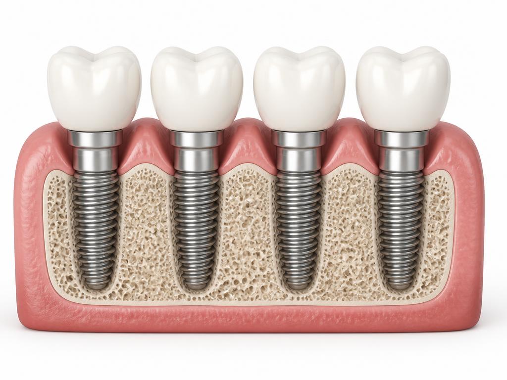 Cross-section illustration of dental implants integrated into the jawbone, each supporting a fixed ceramic crown