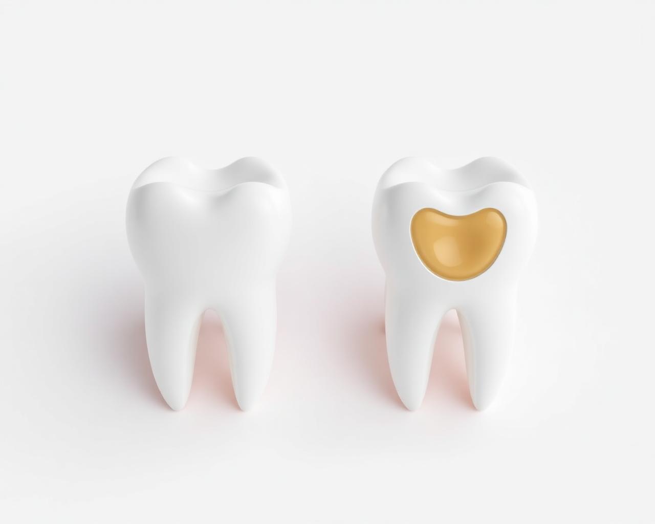 Clinical illustration of a molar restored with a custom inlay seated within the cusps, alongside an intact molar for comparison