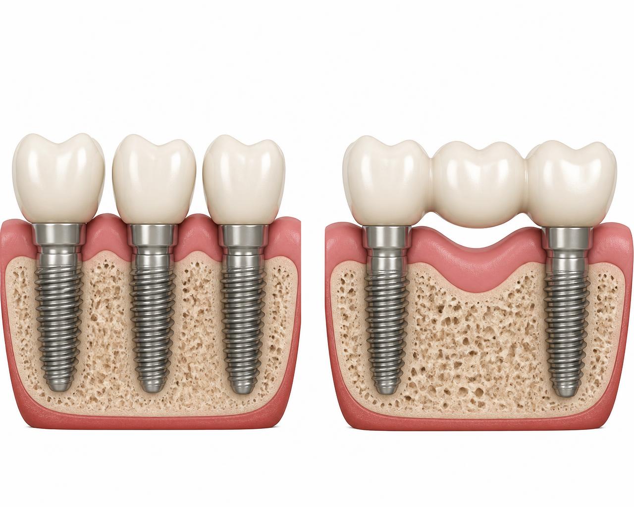 Side-by-side illustration comparing three individual dental implants with separate crowns and a two-implant bridge spanning three missing teeth