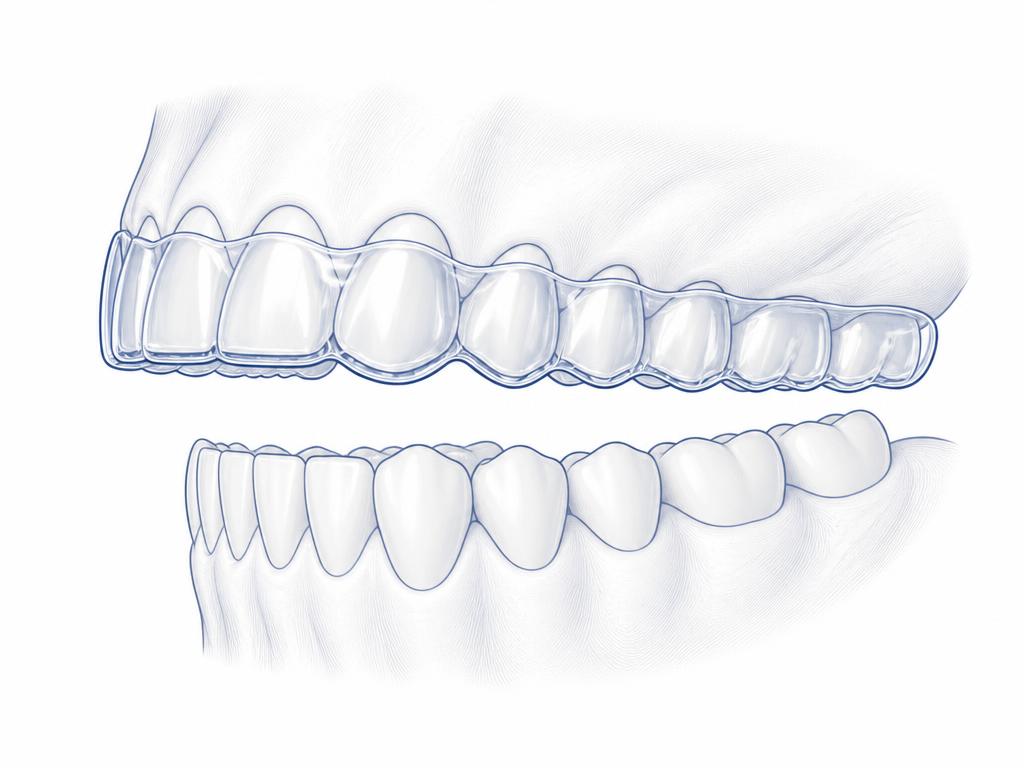 Illustration of a clear custom nightguard fitted over the upper teeth, separating them from the lower arch