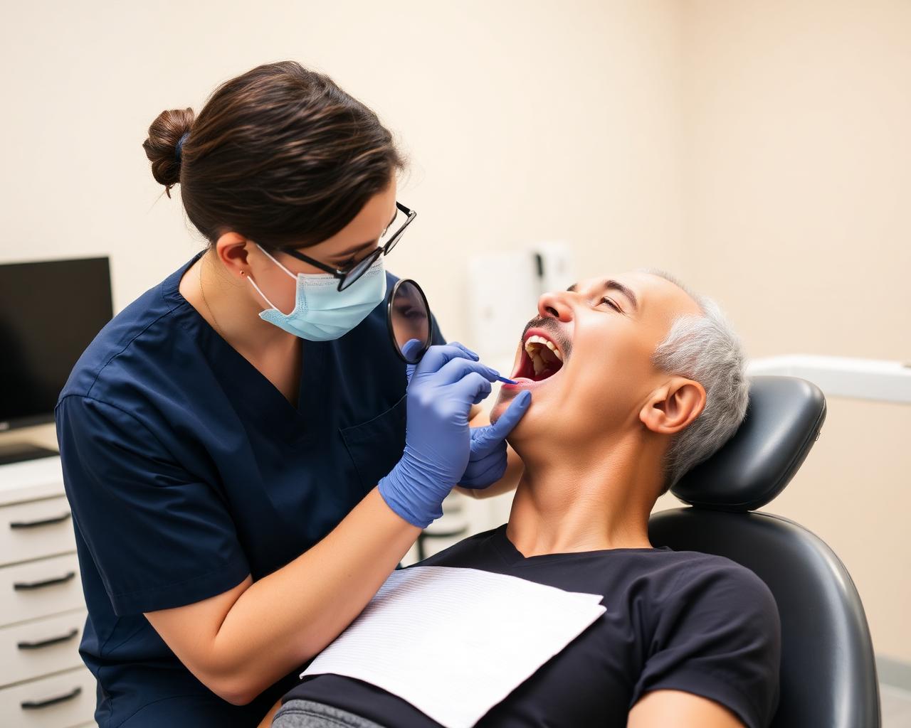 Dentist in navy scrubs gently examining a relaxed adult patient's mouth and neck tissues with a mirror during a routine oral cancer screening
