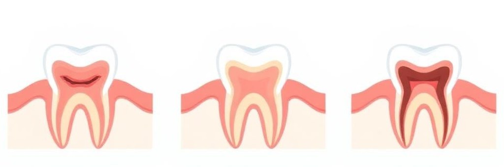 Cross-section illustration comparing healthy gum tissue, gingivitis with inflamed gums, and periodontitis with deeper pocketing around the tooth root