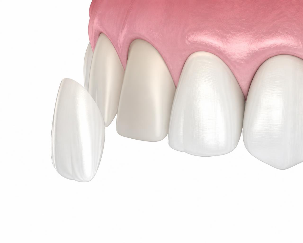 Illustration of a thin porcelain veneer shell being placed over the front surface of a natural upper front tooth