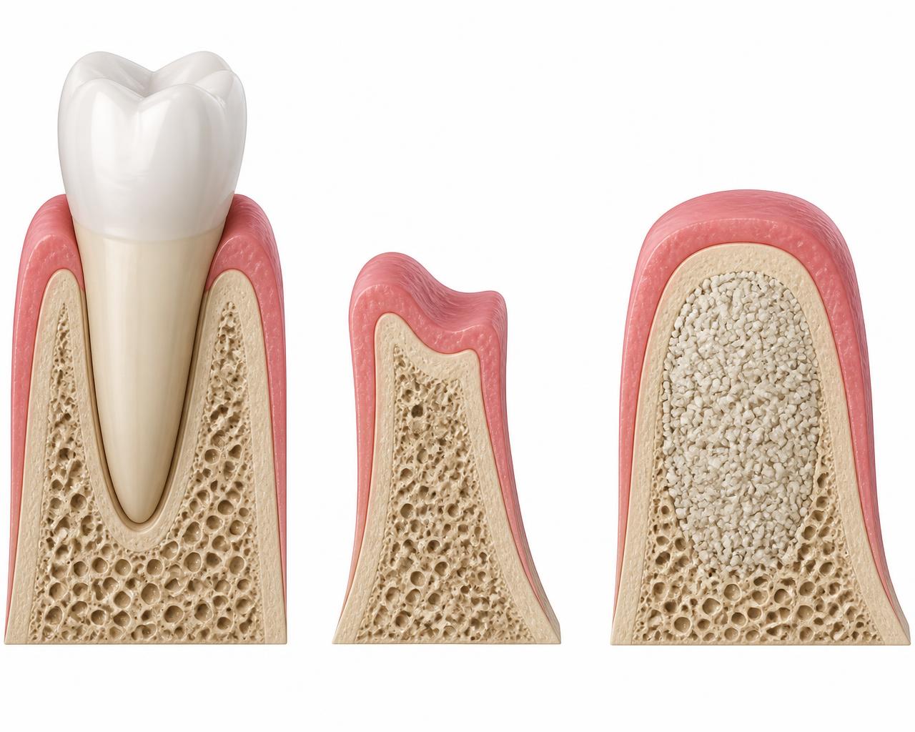 Cross-section illustration comparing a healthy wide jaw ridge supporting a tooth, the same ridge collapsed and narrowed after tooth loss, and the ridge rebuilt with bone graft material to restore width and contour