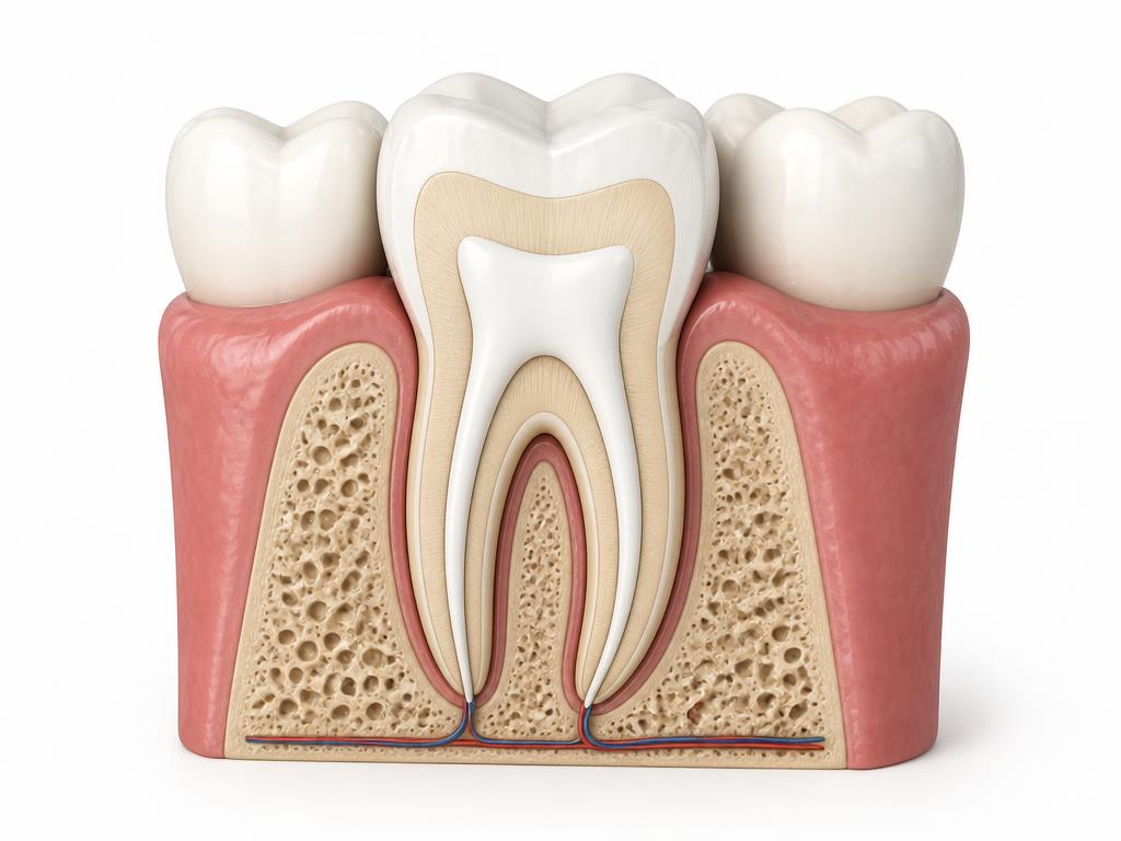 Cross-section illustration of a molar after root canal treatment, with the canals filled with white sealing material and the natural tooth still in the jawbone