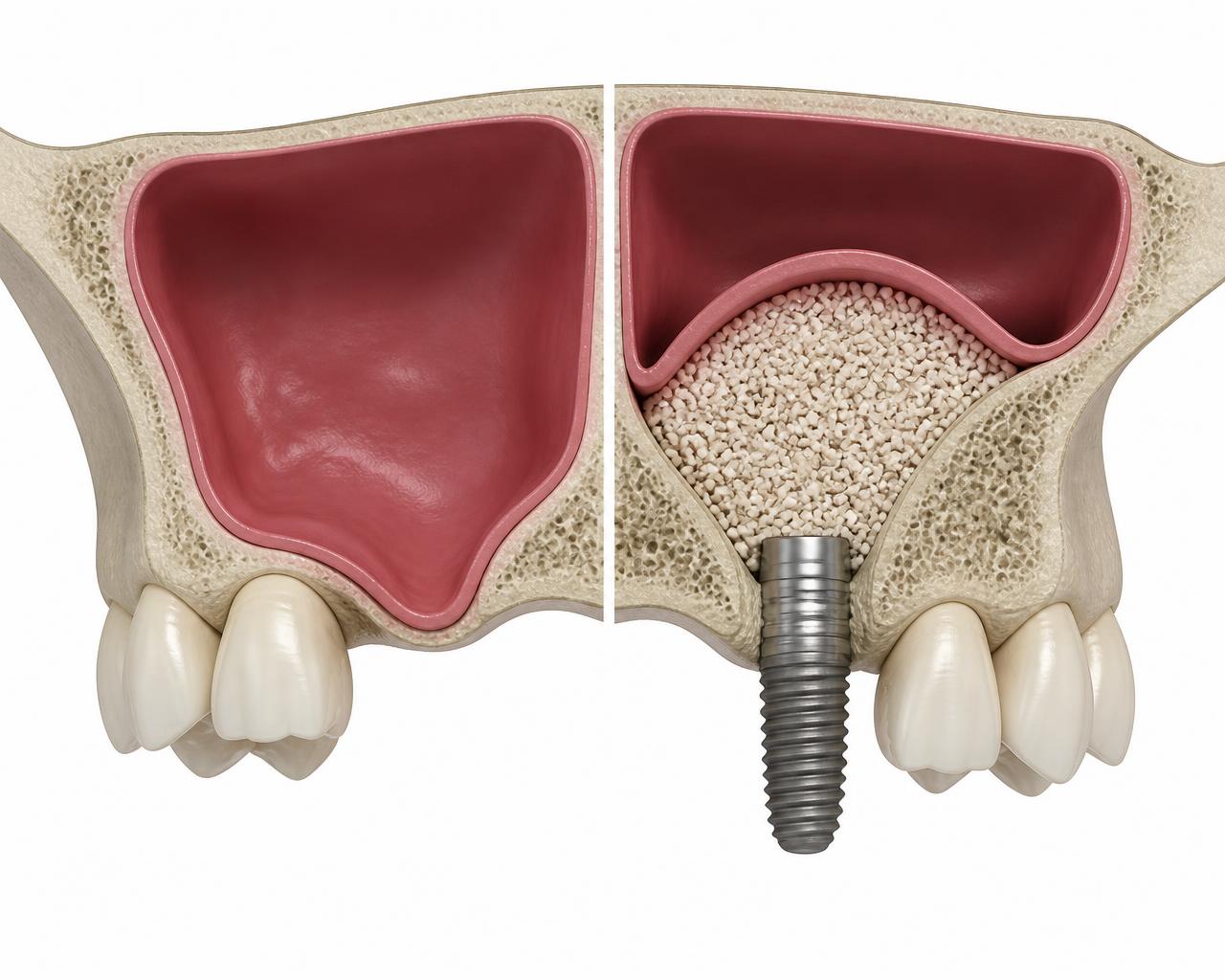 Cross-section illustration of the upper jaw comparing a low maxillary sinus floor with thin bone at a missing upper molar site against the same site after a sinus lift, with graft material packed beneath the raised sinus membrane supporting a dental implant