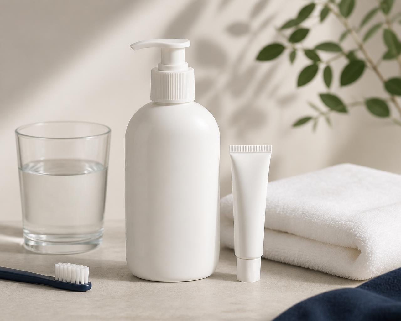Post-surgical oral care set — an unbranded pump bottle of oral rinse, a small tube of topical gel, a glass of water and a folded towel — representing the Stellalife recovery kit sent home after oral surgery
