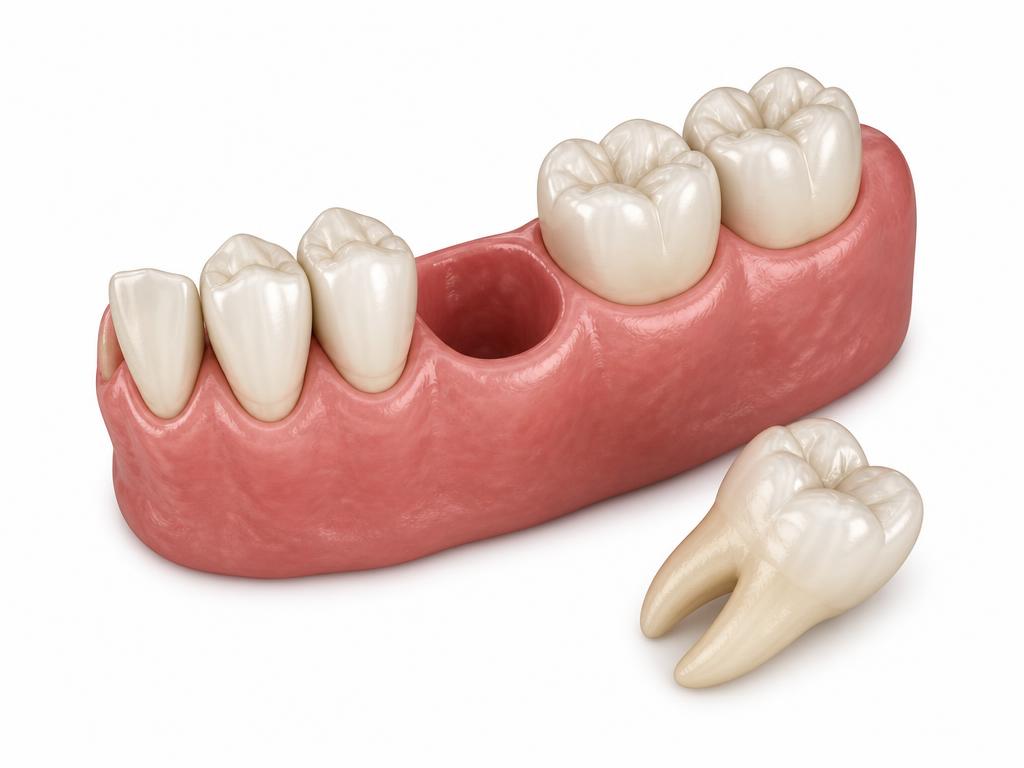 Illustration of a lower jaw with an empty socket where a molar has been extracted, the removed tooth resting beside the arch