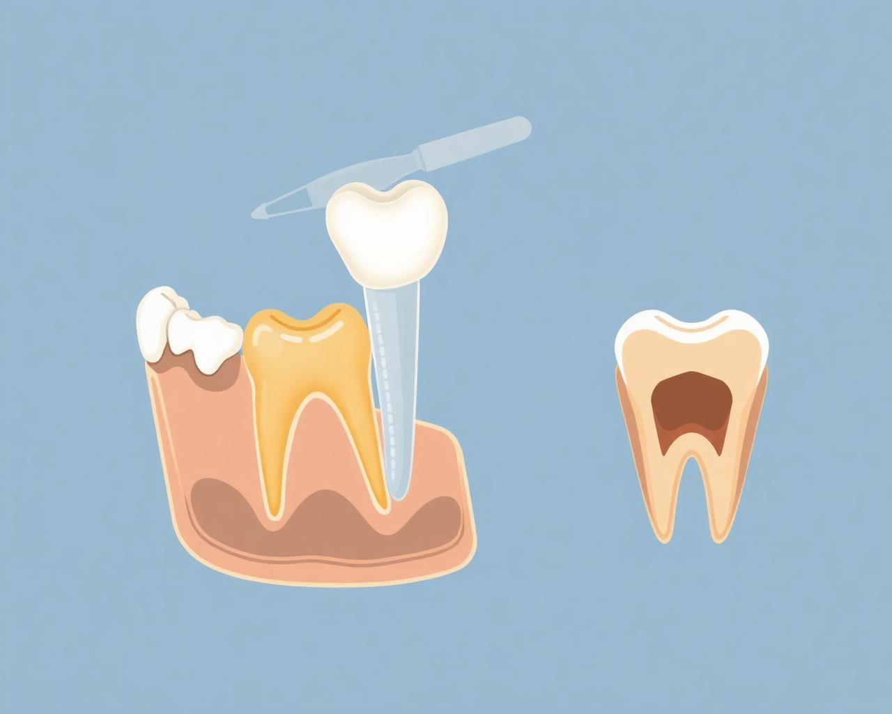 Medical illustration of a damaged molar being lifted from its socket in the lower jaw with a dental elevator, shown beside a cross-section of the extraction site