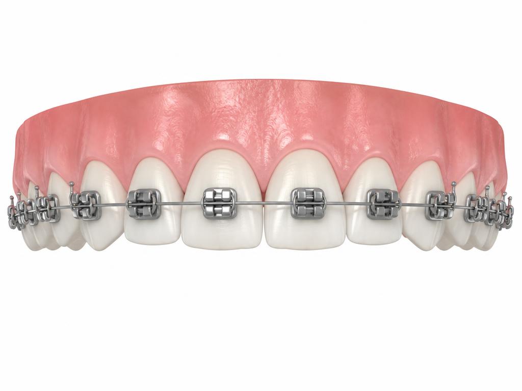 Illustration of traditional metal orthodontic braces with brackets and an archwire bonded across upper front teeth