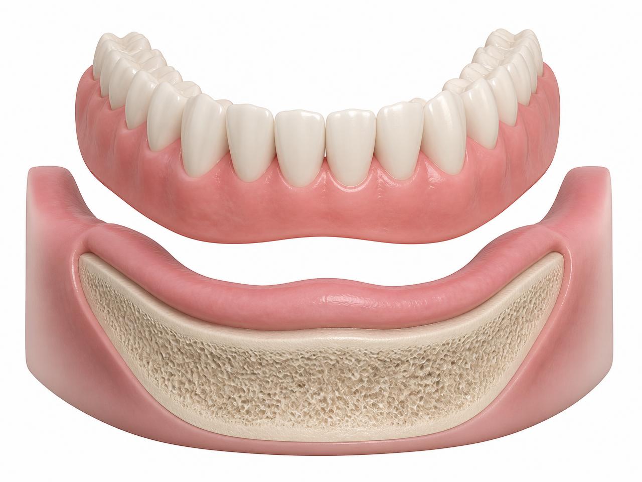 Illustration comparing a removable denture resting on the gum ridge with one anchored onto dental implants