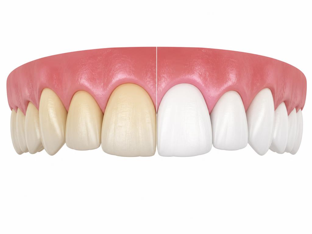 Illustration comparing yellow-stained natural upper teeth with brighter teeth after professional whitening