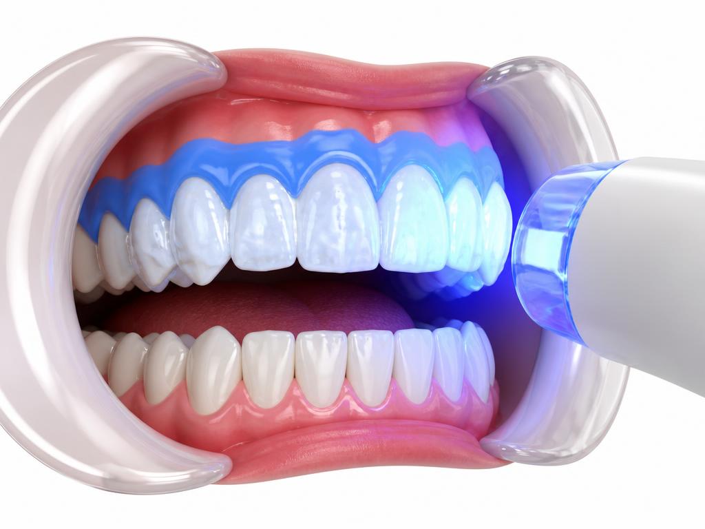Illustration of professional in-office whitening gel and a blue light applied to upper teeth with a protective gum barrier