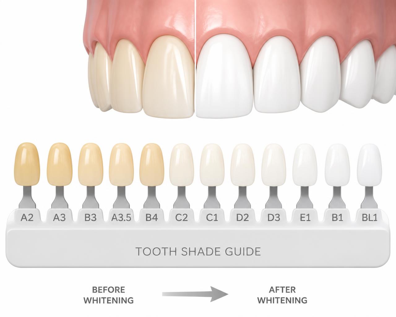 Dental shade guide illustration comparing yellowed upper teeth before whitening with a brighter shade after professional teeth whitening