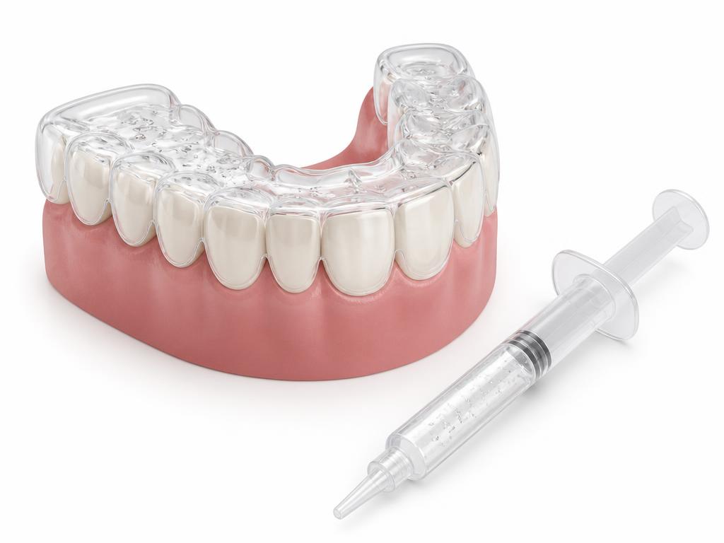 Illustration of a clear custom-fitted take-home whitening tray on an upper dental arch beside a whitening gel syringe