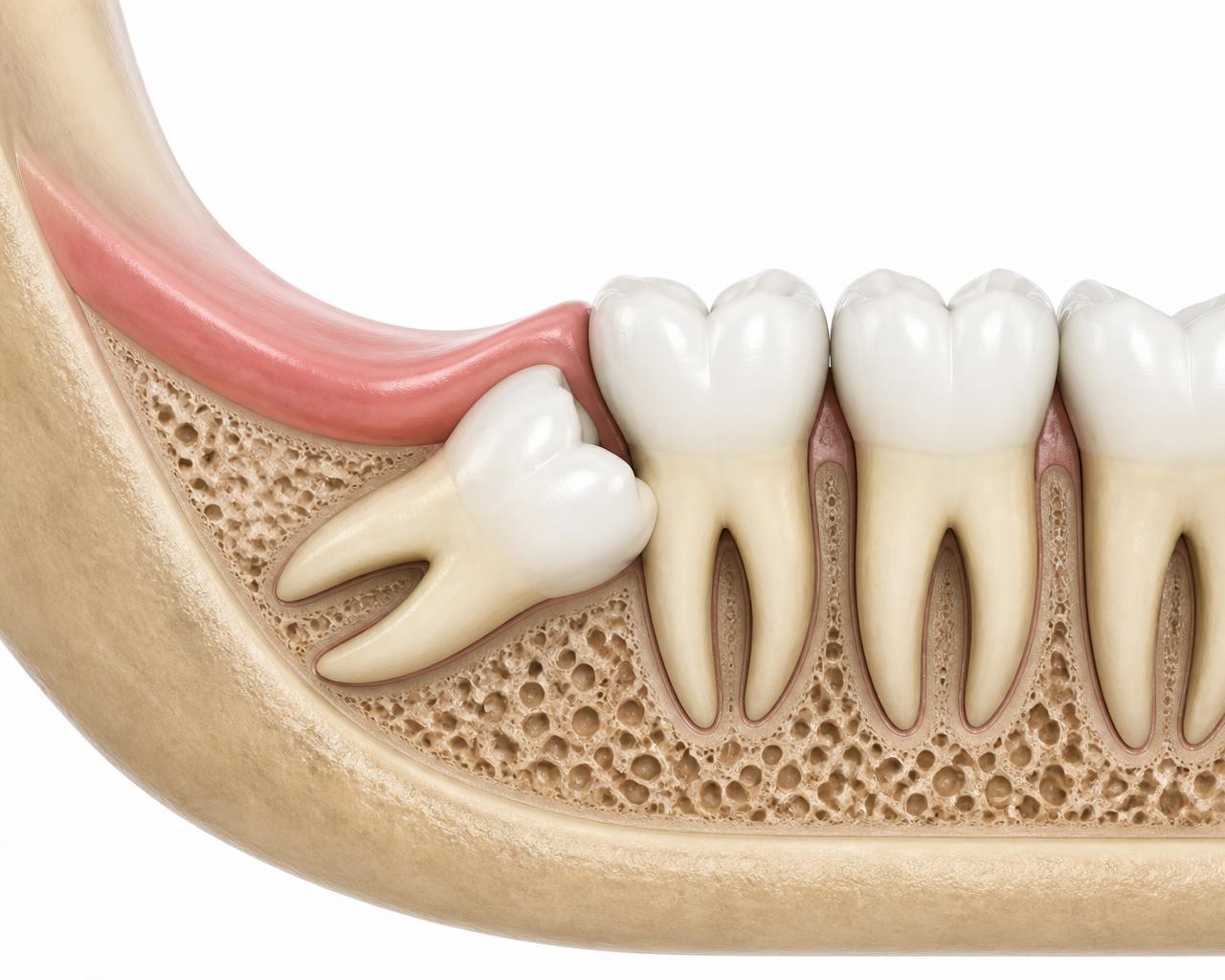 Cross-section illustration of a lower jaw showing an impacted wisdom tooth angled forward beneath the gum against the neighboring molar, compared with normally erupted upright molars